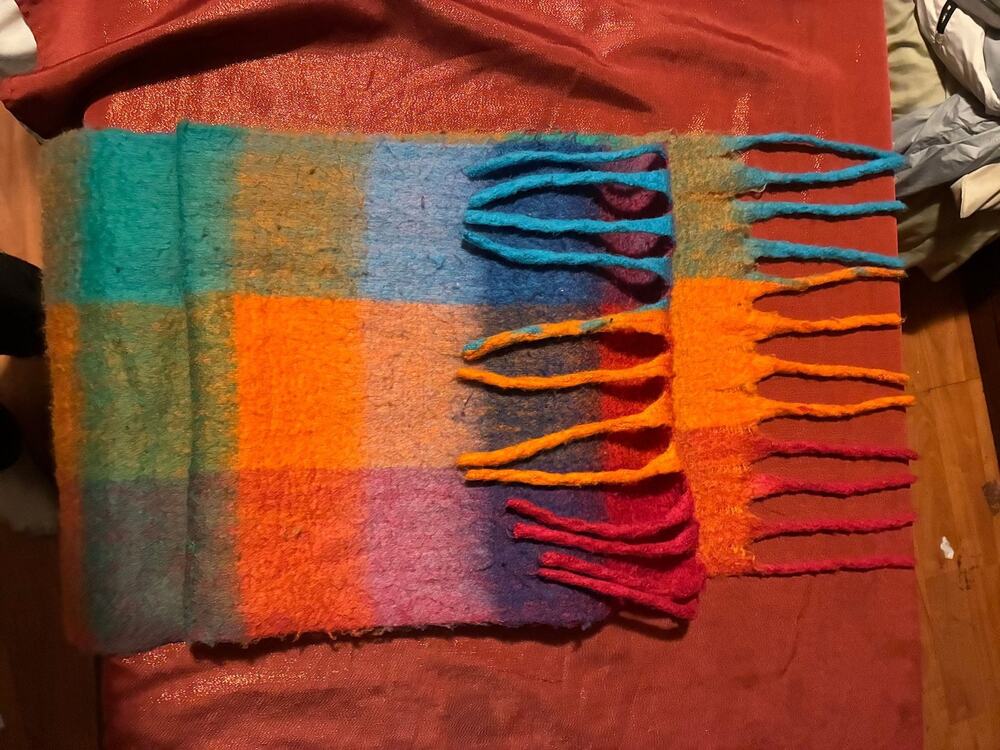 Fuzzy Plaid Scarf Womens One Size Fringe Multicolor Cozy Wrap